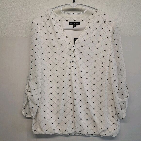 Tops - Sara Michelle Women's M Blouse Large White Black 3/4 Sleeve Roll Tab